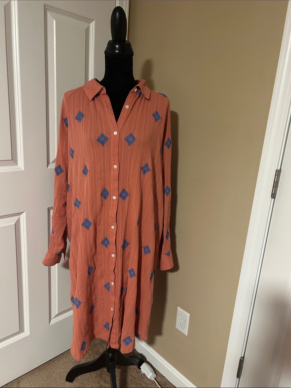 Rust Long-Sleeve Embroidered Shirt Dress with Blue Motifs XL Tall